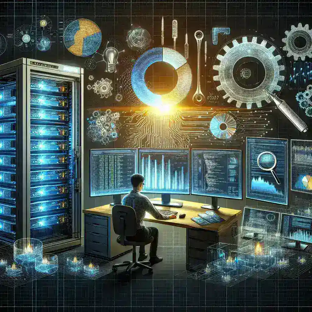 "Graphics depicting essential tools for real-time server resource optimization, highlighting software interfaces and analytics dashboards to enhance server performance and efficiency."