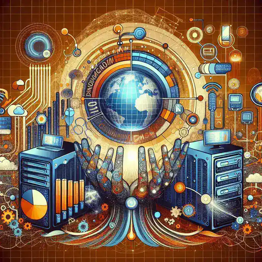 "Person analyzing domain management tools on a laptop screen, showcasing DNS automation software for efficient website control and optimization."